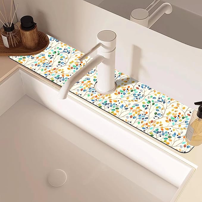 Abstract Watercolor Leaves Sink Faucet Absorbing Mat Sink Splash Guard Faucet