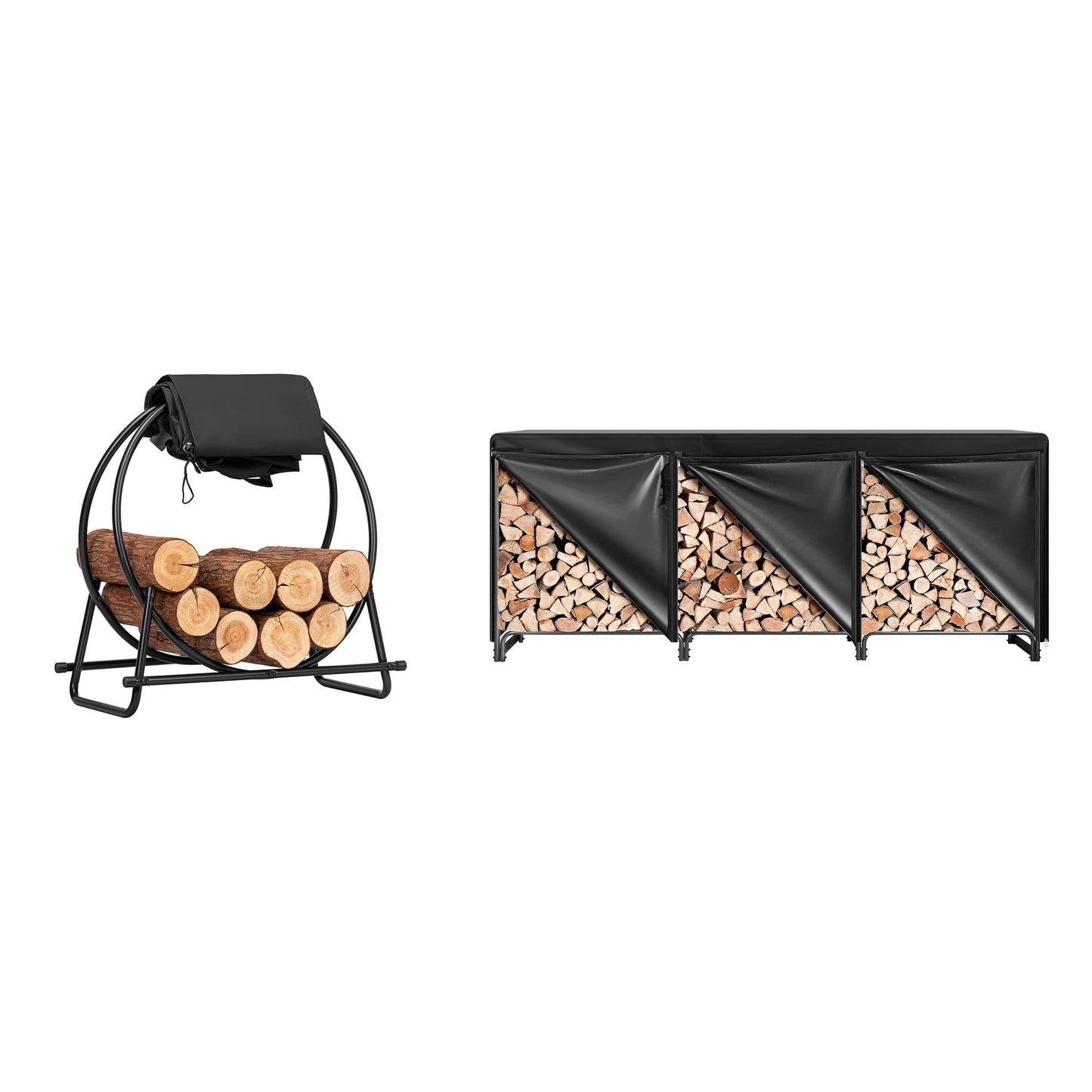 VIVOHOME 28 in Firewood Log Rack Hoop with Cover for Indoor Outdoor Patio Deck Porch, with 10 ft Firewood Rack Outdoor with Cover, Log Holder and Cover Combo Set with Zipper, Black