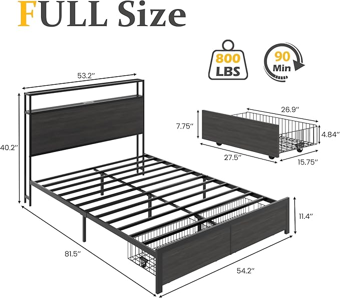 Lifezone Full Bed Frame with 2-Tier Storage Headboard, Metal Bed Frame with