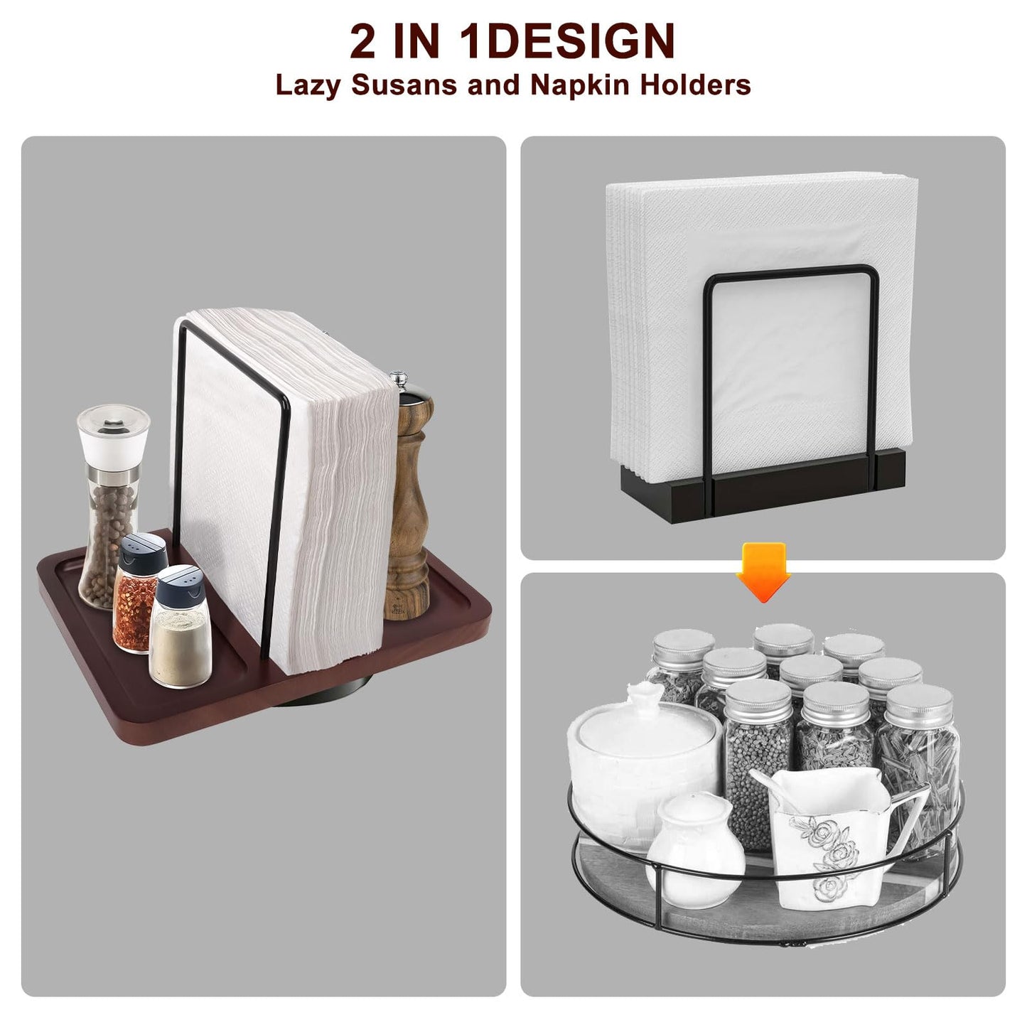 2 in 1 Napkin Holder for Table, Rotating Metal Napkin Dispenser with Salt and Pepper Shakers Caddy Standing Paper Towel Holder for Kitchen Dinner Table and Picnic Decors,Not Including Shakers