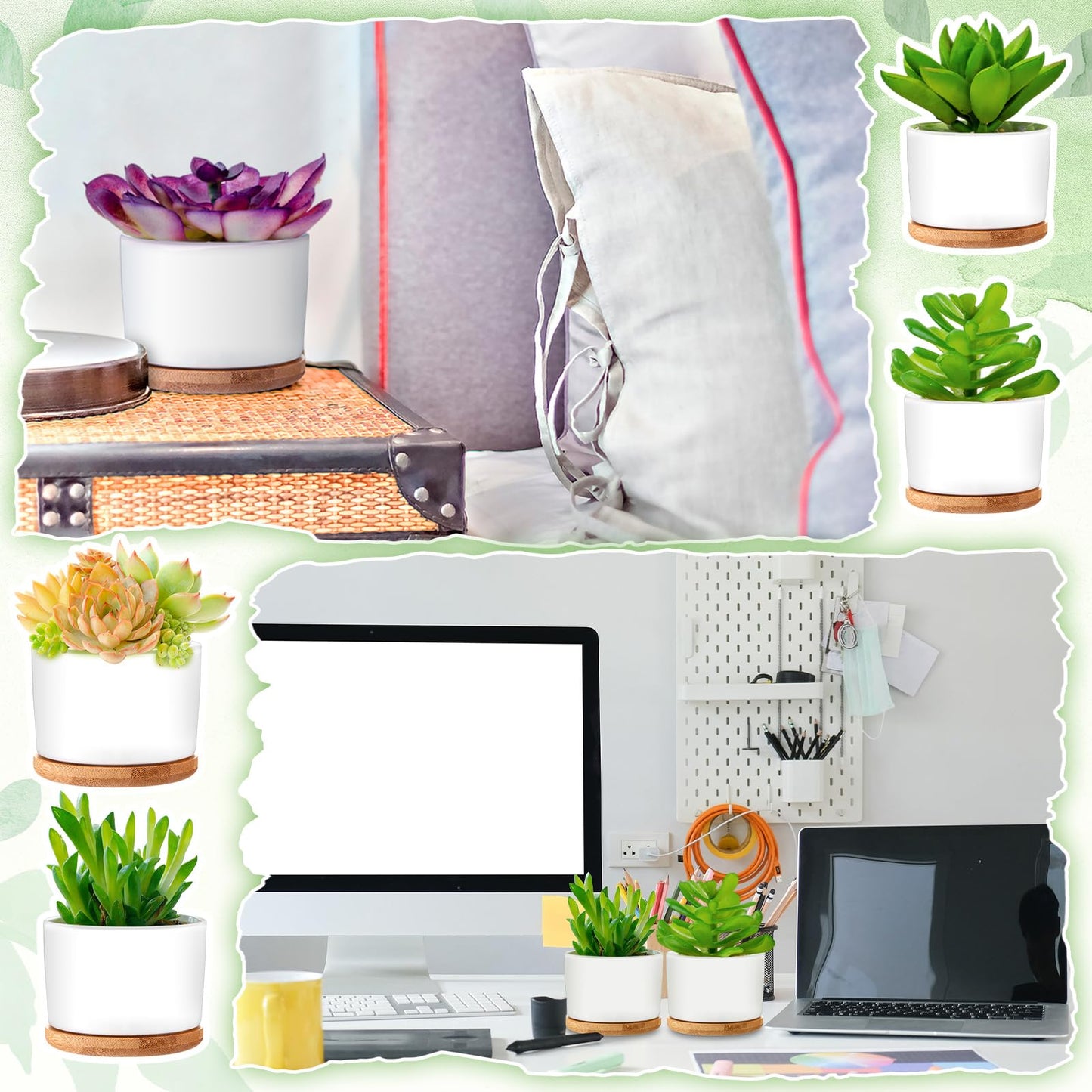 Cindeer 6 Pack White Succulent Plant Pots Bulk - 3" Ceramic Flower Pot with Bamboo Tray & Drainage Holes, Small Cactus Planters for Plant Lover, Home Office Table Decor (Plants Not Included)