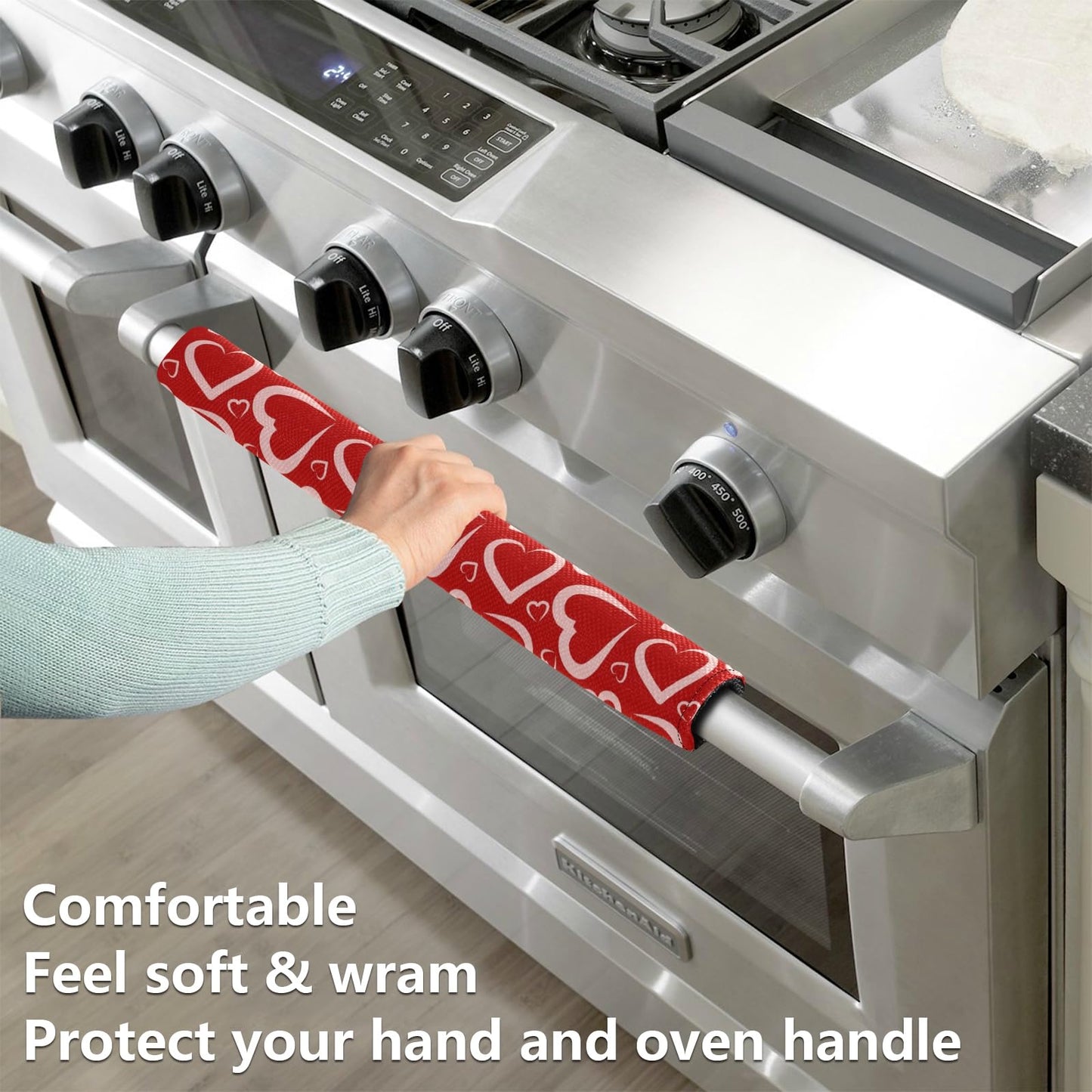 Eionryn Valentine's Day Hearts Refrigerator Door Handle Covers Romantic Love Red Kitchen Appliances Gloves for Microwave Dishwasher Fridge Door Cloth Protector 2pcs