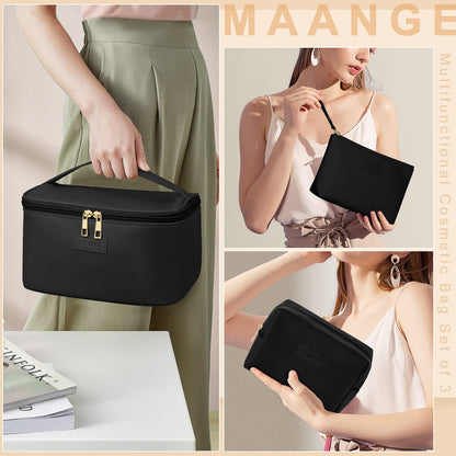 MAANGE 3 Pcs Makeup Bag(L+M+S) Travel Cosmetic Bags with Brush Compartment PU Leather Small Makeup Bag Portable Make Up Bag Versatile Zipper Makeup Pouch for Women, Black