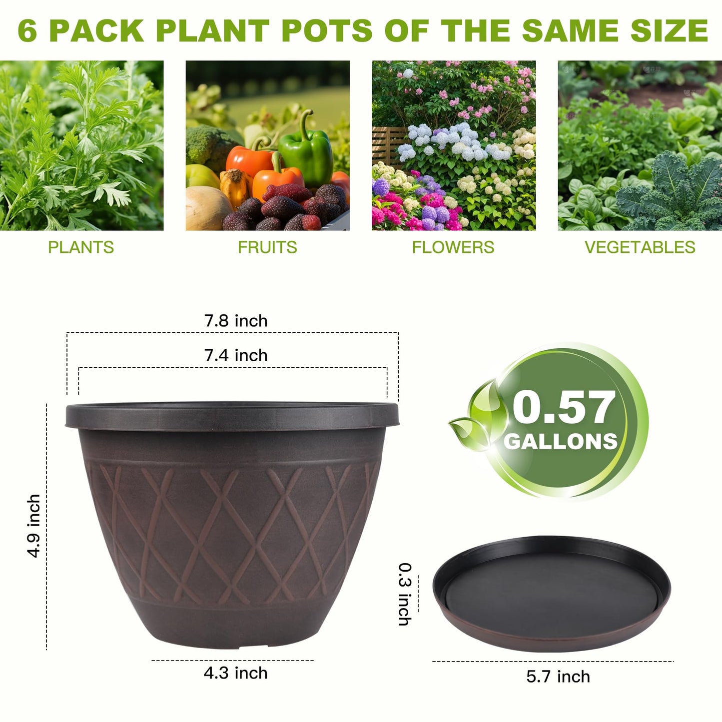 6 Pack 8 Inch Plant Pots, Planters with Drainage Holes & Saucers, Modern Imitation Diamond Pattern Design Plastic Flower Pots for Indoor & Outdoor Plants, Succulents, Flowers, and Herbs (Brown)