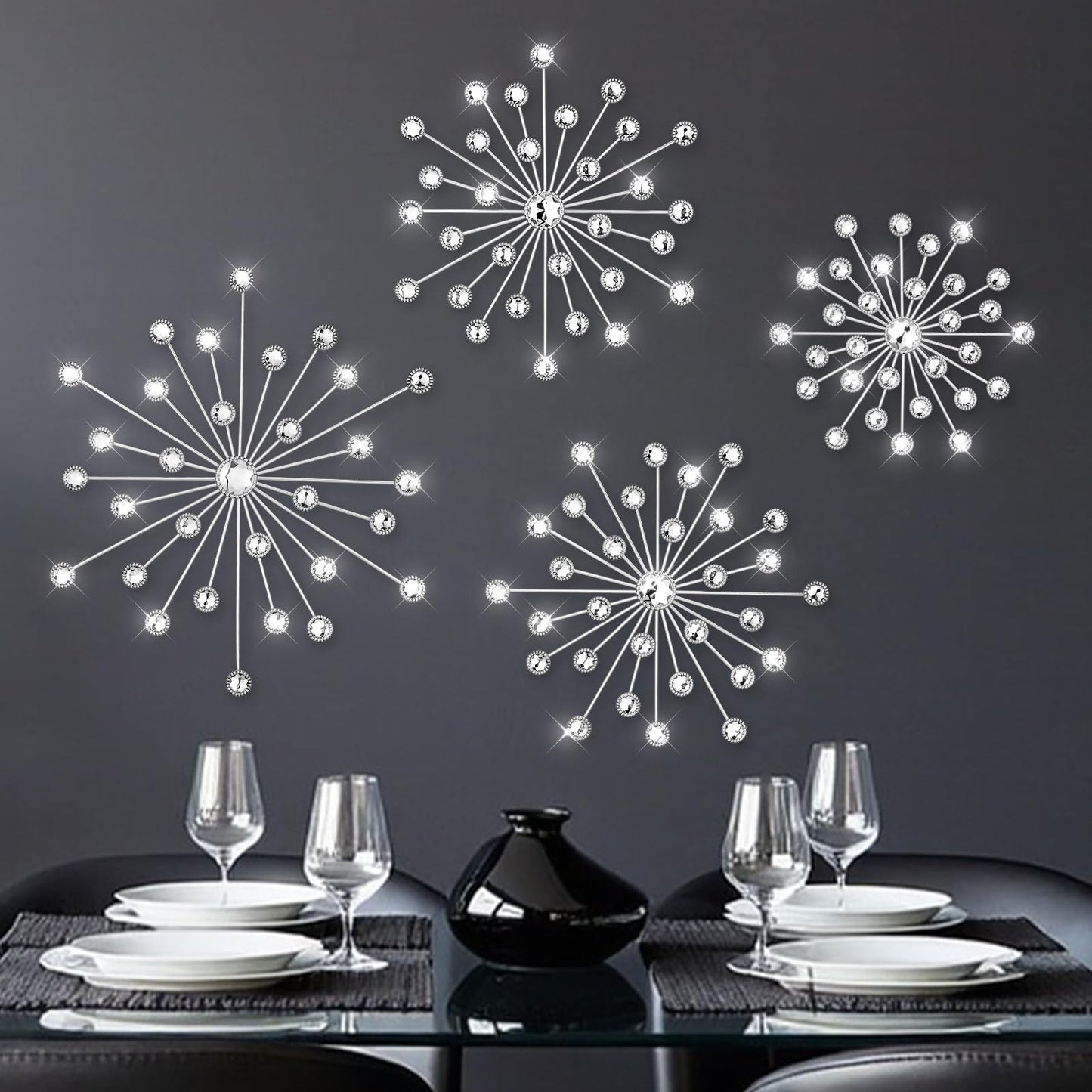 Limbeuuu 4 Pcs Metal Wall Decor Bling Crystal Wall Art Cast Iron Rhinestones Sunburst Decor Starburst Art Hanging Diamond Accents Home Decorative for Living Room Bedroom Entryway(Silver)