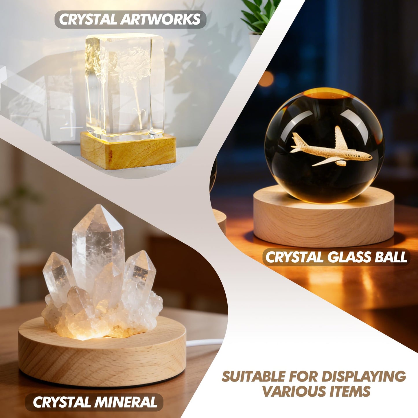 LOULIQIGIFT Colorful Ice Cracked Crystal Balls with Wooden Light Base 60mm Glass Spheres and 2Pcs LED Wooden Display Base for Crystal Glass Art Square Wooden Lamp Base