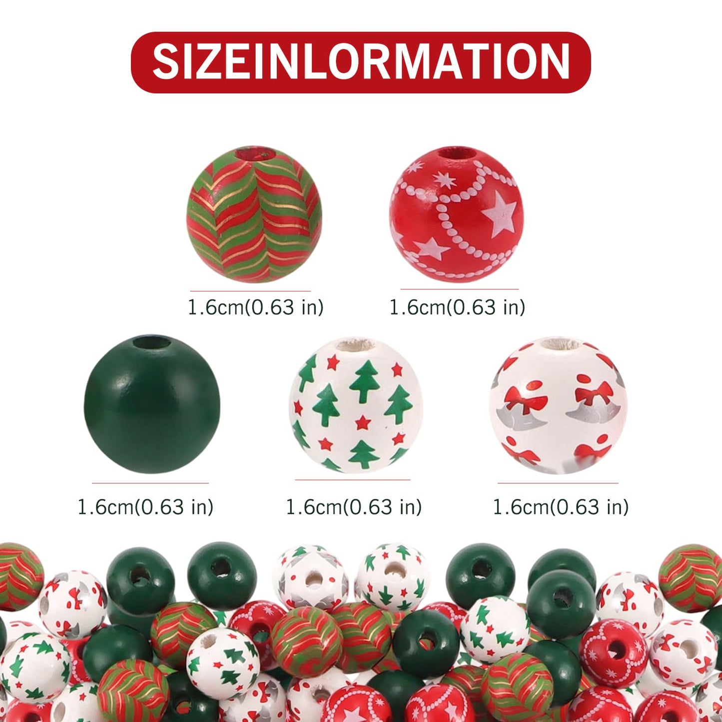 200 Pcs Christmas Wooden Beads for Crafts Red Green Round Craft 5 Styles Christmas Tree Bell Peppermint Swirl for Xmas DIY Garland Jewelry Making Home Decor
