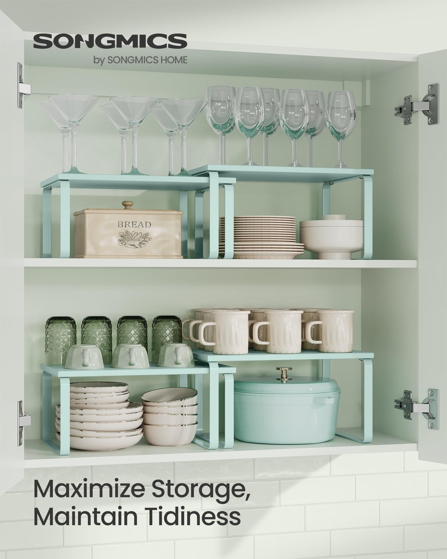 SONGMICS Cabinet Organizer Shelf, Set of 2 Kitchen Counter Shelves, Kitchen Storage, Spice Rack, Stackable, Expandable, Metal and Engineered Wood, Ink Black and Natural Beige UKCS02NB