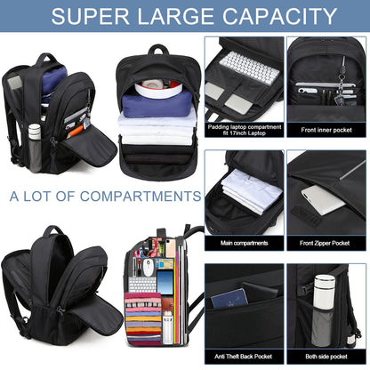 Extra Large Backpack for Men 50L,Water Resistant 17Inch Travel Laptop Work bag with USB Charging Port Anti Theft Big Business TSA Approved Computer Rucksack Women College School,Black