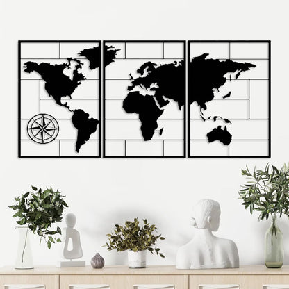 DUOOLN 3-Piece Metal World Map Wall Decor Art, Abstract Minimalist Hanging Sculpture, Travel Enthusiast Gift, Perfect Travel-Themed Artwork, Home Office Hotel Decoration - Black, 33.8“ W x 15.7” H / 86x40cm