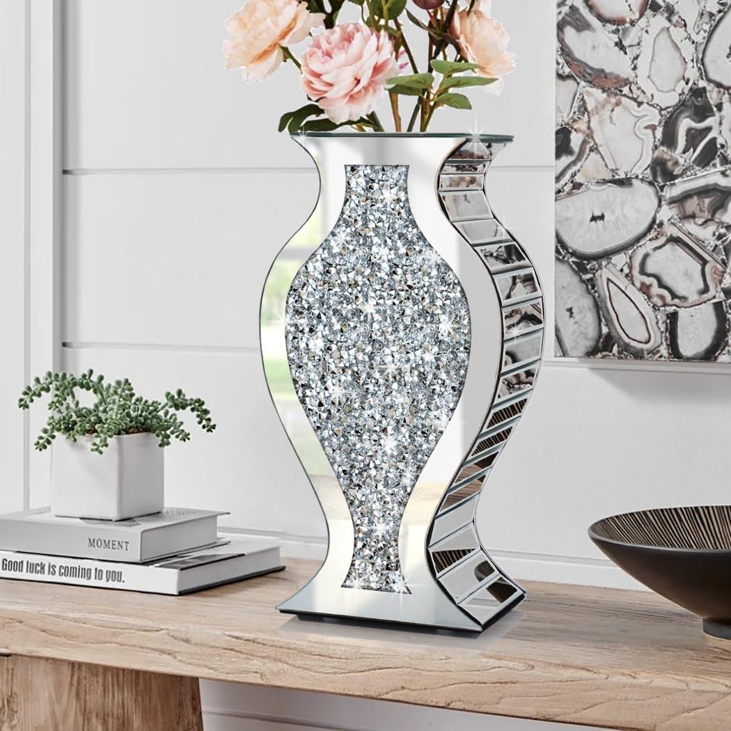 Crushed Diamond Mirrored Vase 15" S-Curve Silver Sparkle Decor Centerpiece