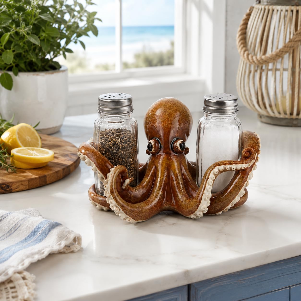 Comfy Hour Decorative Octopus Salt and Pepper Shaker Duo, Artisan Crafted Coastal Sea Life Figurine Holder for Kitchen Tabletop, Includes 2-Count Glass Bottles, 6.1"L x 4.3"W x 3.5"H, Brown Resin