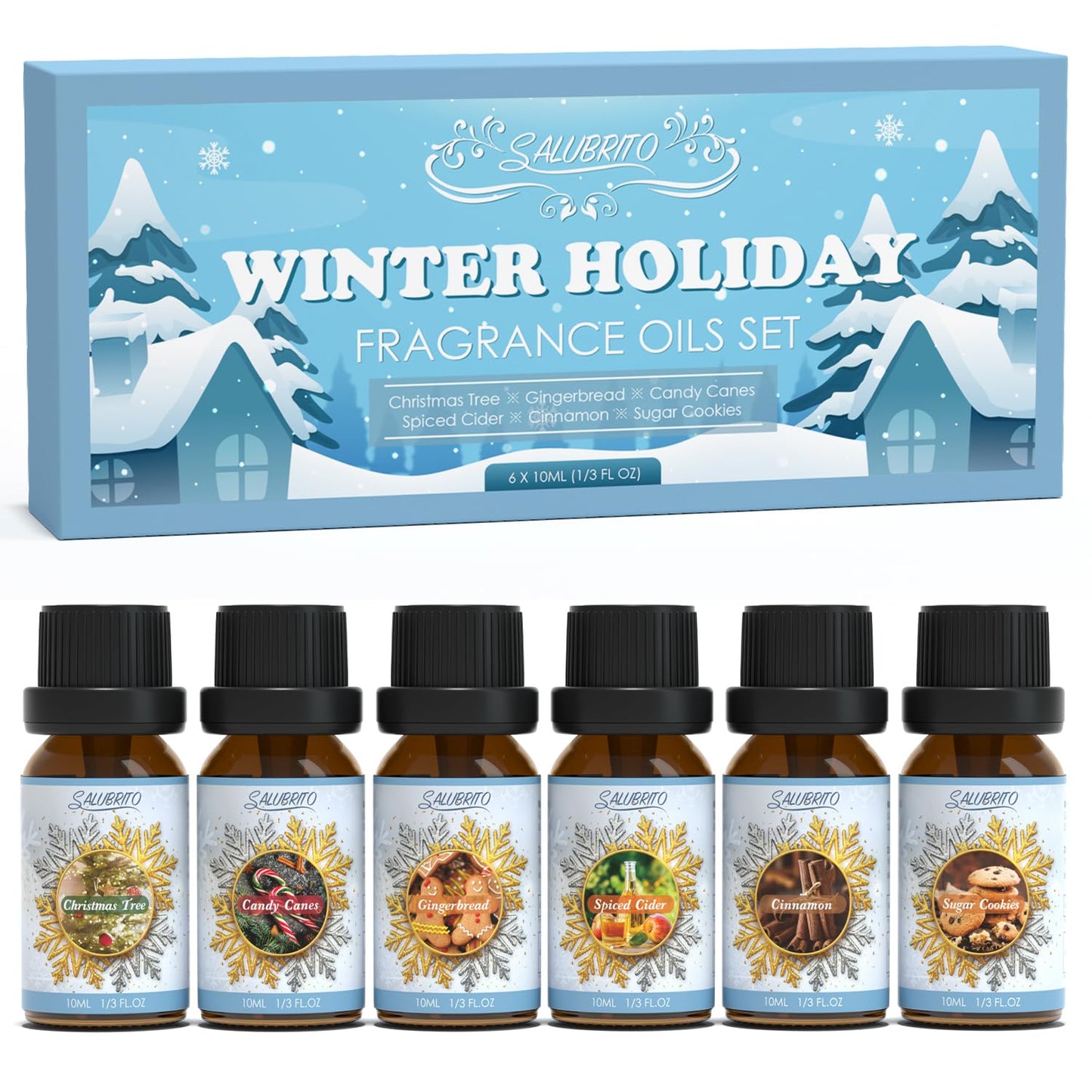 SALUBRITO Winter Fragrance Oils Set, Holiday Essential Oils for Diffuser, Candle, Soap Making - Christmas Tree, Cinnamon, Gingerbread, Candy Cane, Spiced Cider, Sugar Cookies Scented Oil