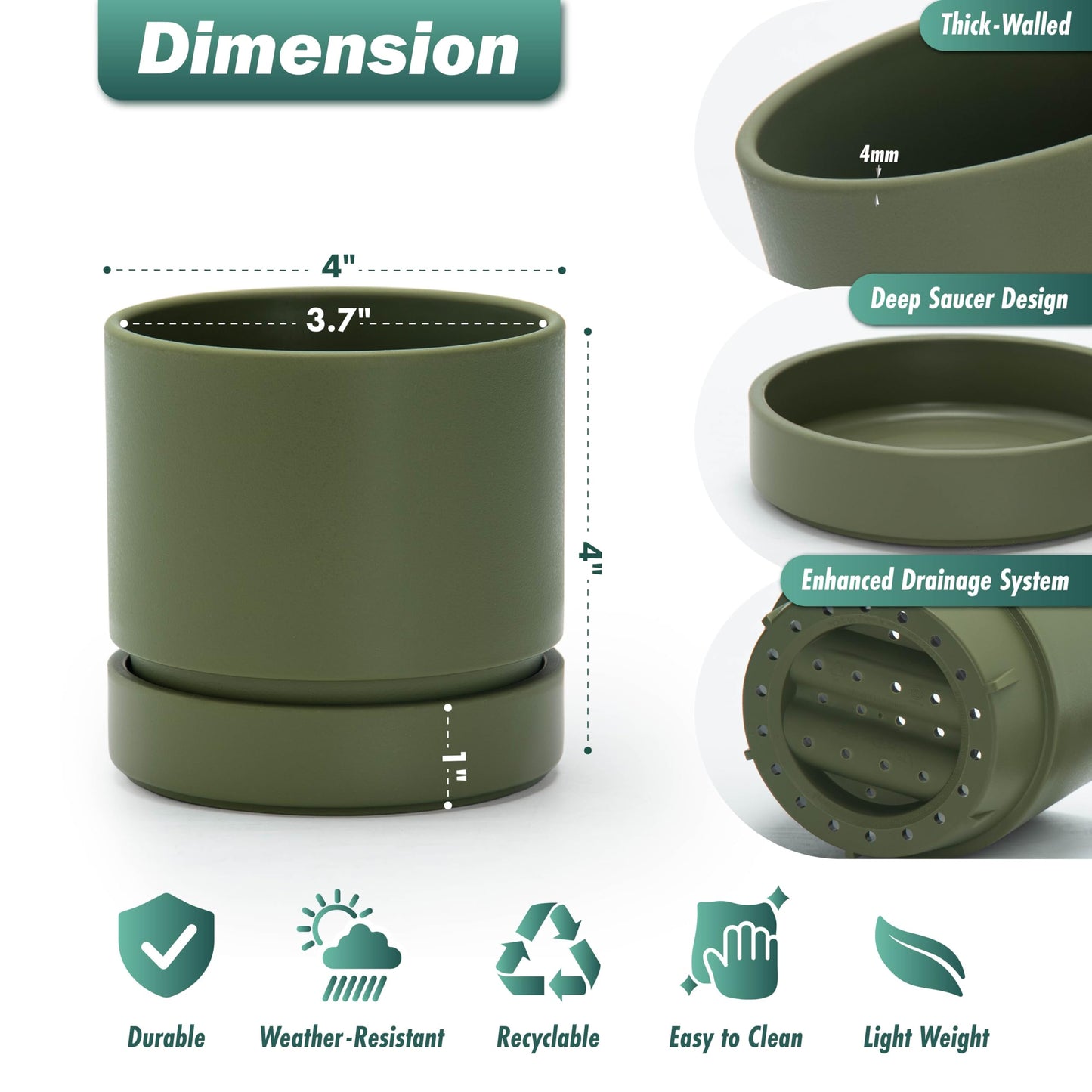 Phoenix Vine 4 Inch Planter Pot with Drainage Hole & Saucer, Deep Water Catch Tray, Straight Cylindrical Round Pot for Plants, Olive, Pack of 1, 23-D-R-1