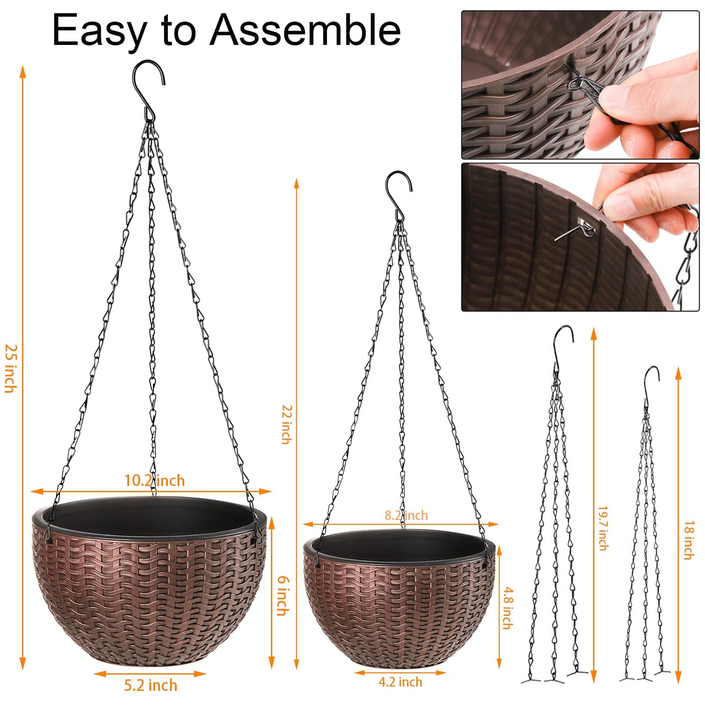 Foraineam 2-Pack Dual-pots Design Hanging Basket Planters Self-Watering Indoor Outdoor Plant & Flower Hanging Pots with Drainer and Chain, 2 Size Assorted