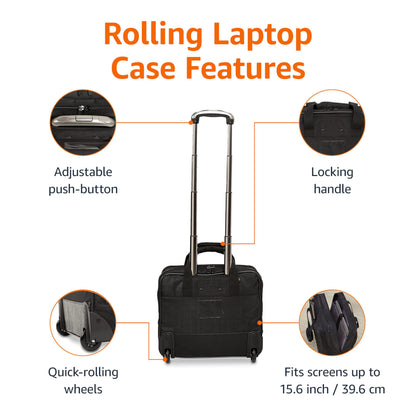 Amazon Basics Laptop bag with quick-rolling wheels and easy-access front pocket - fits Laptops up to 15.6 inch (39.6 cm), Black