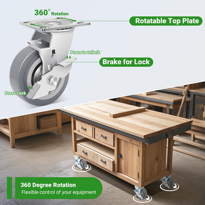 Nefish 5 Inch Heavy Duty Casters Wheels, Industrial Grade Thermoplastic Rubber Casters with Brake 3500 LBS, Ball Bearing Plate Swivel Castors Set of 4, Casters Wheels for Equipment, Cart, Workbench