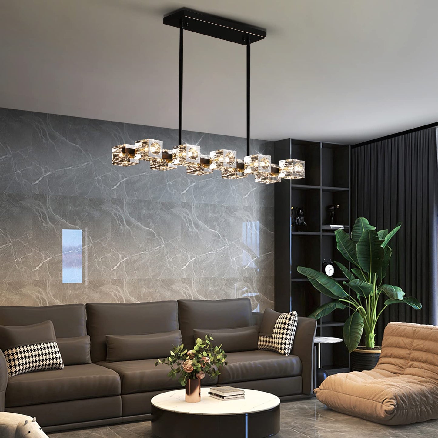 OKES Dining Room Light Fixture,Modern Crystal Chandeleirs Semi Flush Mount Ceiling Light Fixture,Black Metal Crystal Pendant Light for Kitchen Island Farmhouse Dining Room,Living Room (10-Lights)