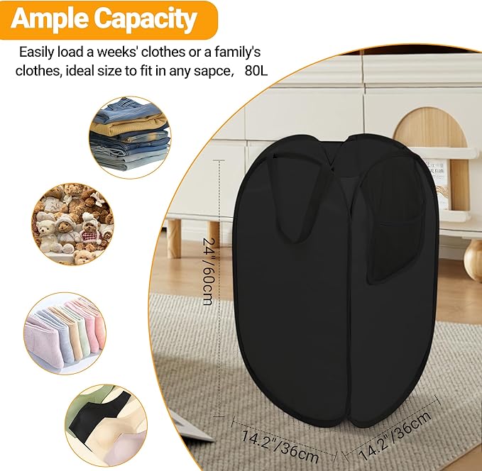 Pop Up Laundry Hamper with Side Pockets, Foldable Laundry Basket Reinforced