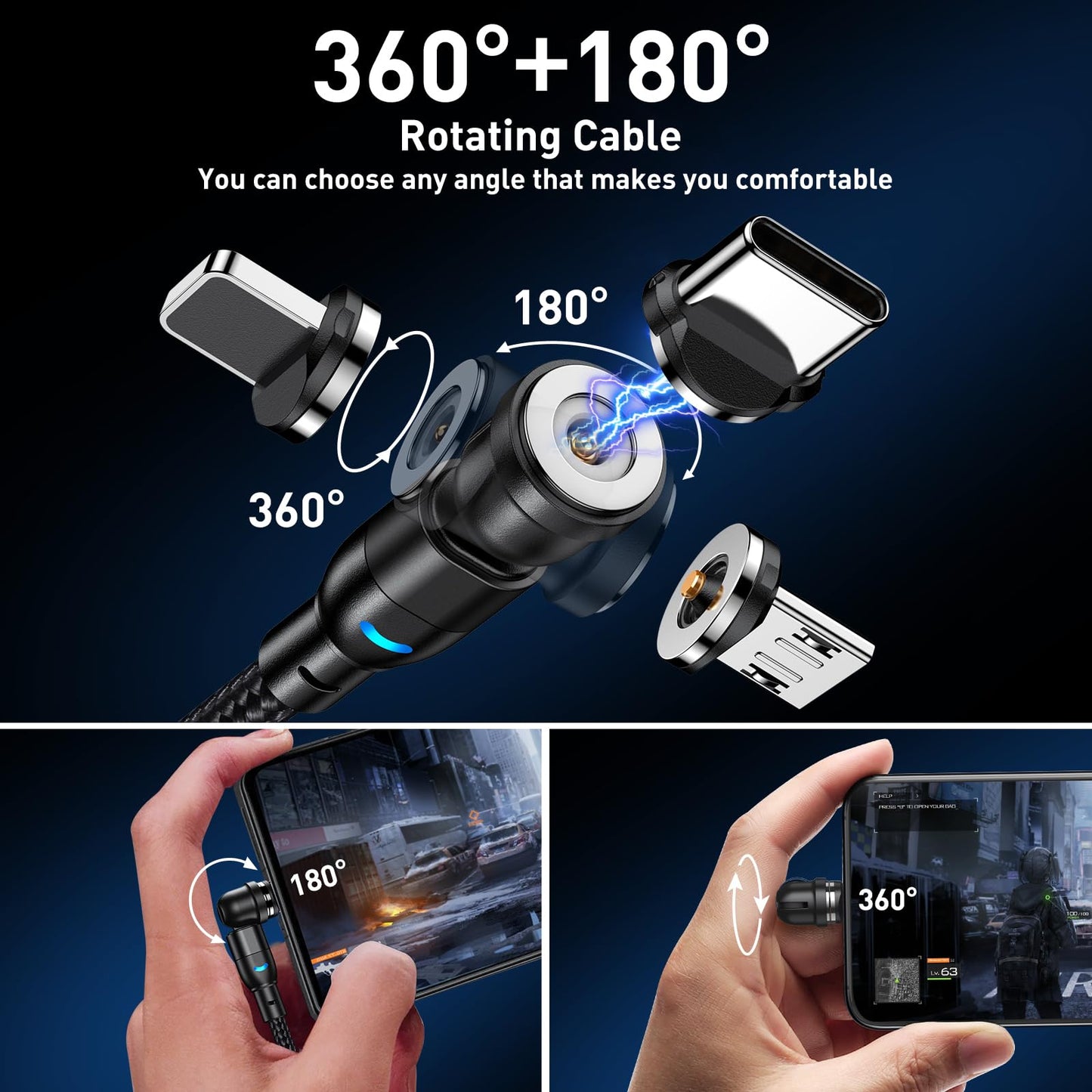 ODDADD Magnetic Charging Cable 5-Pack (1.6/3.3/3.3/6.6/6.6FT), 540° Rotating Magnetic Phone Charger Cable with LED Light for Micro USB, USB C and i-Product Device