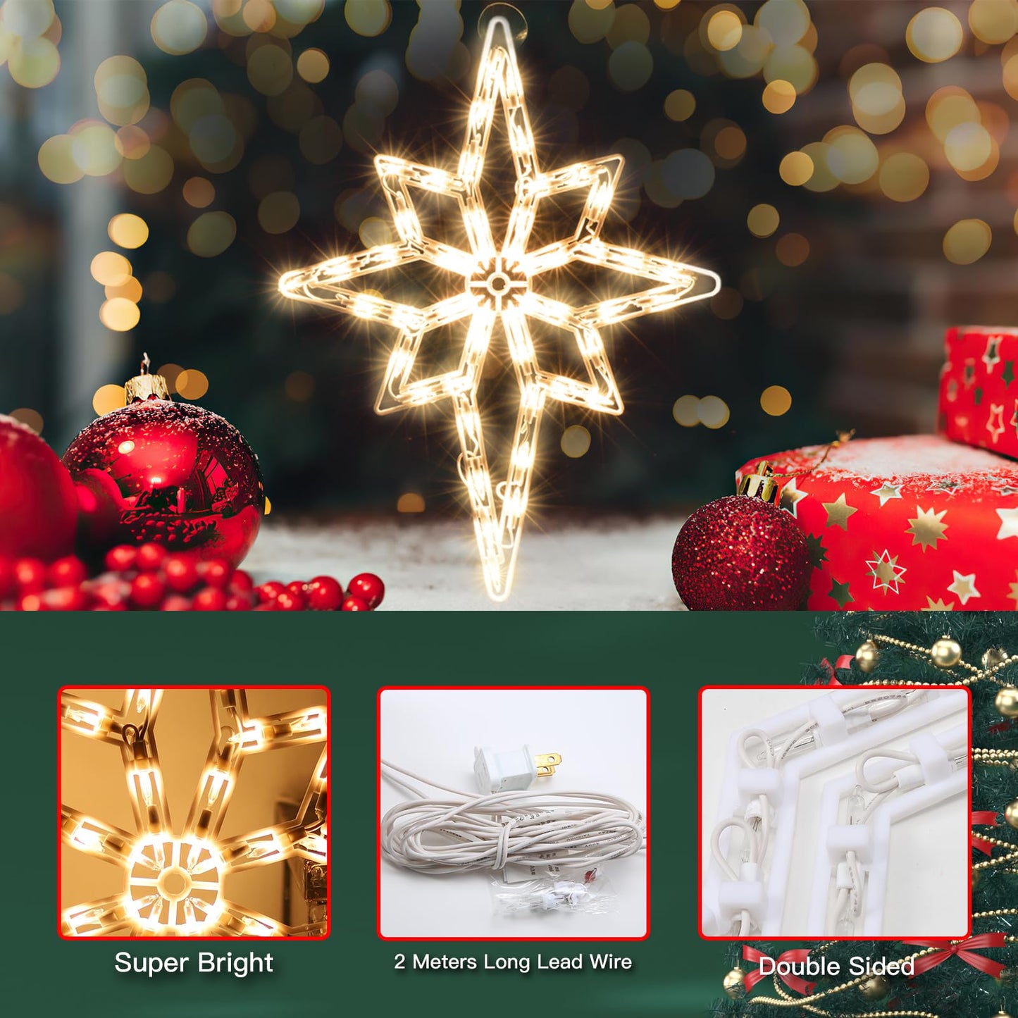 LAMPHOME 19Inch Bethlehem Star Light,Christmas Polaris Decoration Lights,Christmas Window Silhouette Lights,Double Side Sign Lamp Decoration for Holiday Indoor Wall Door Glass Decorations
