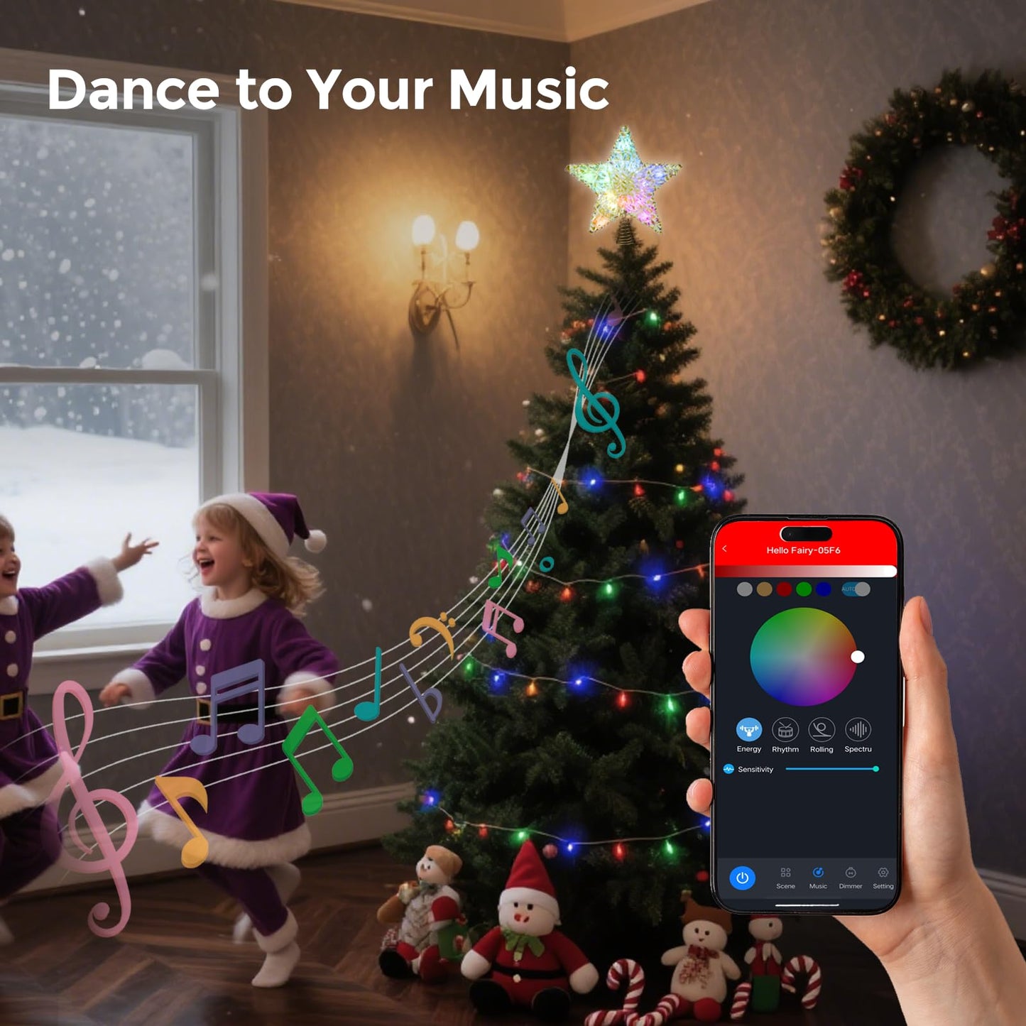 Smart Christmas Tree Topper, 9" RGB Star Tree Topper, Timer, App Control, USB Powered, Music Sync, Gold Tree Topper for Indoor Party Holiday Decor