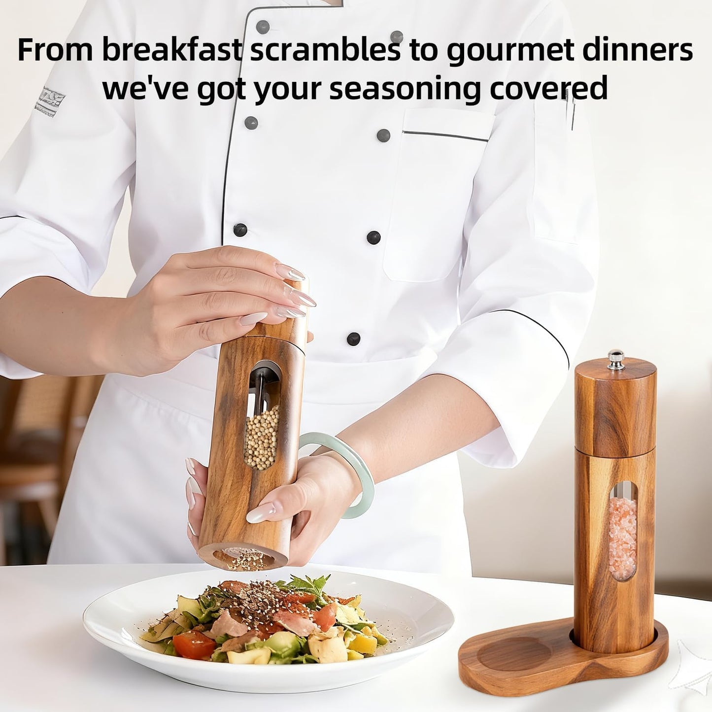 Acacia Wood Salt and Pepper Grinder Set with Base, Refillable Wooden Pepper & Salt Mill with Adjustable Ceramic Grinder for Kitchen & Dining,Durable Manual Salt Grinder