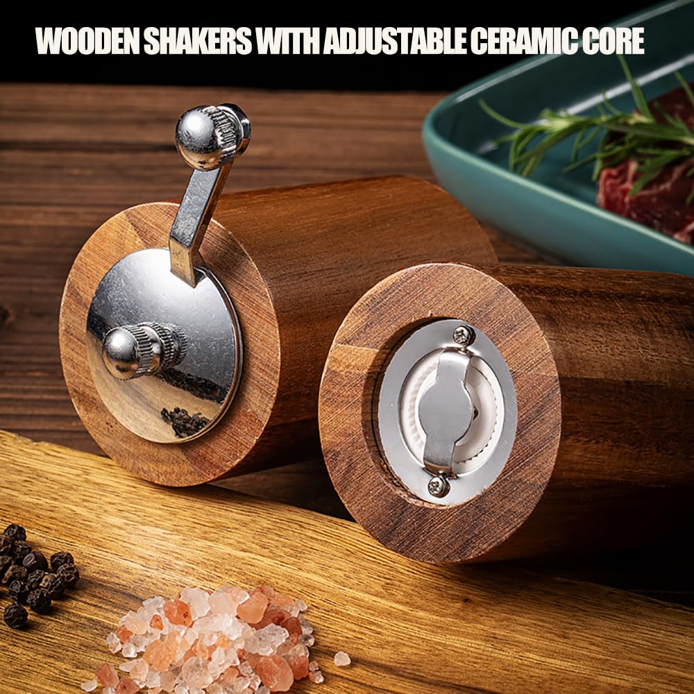 Acacia Wood Salt and Pepper Grinder Mills Sets,Wooden Shakers with Adjustable Ceramic Core,Classic Manual Salt Grinder Refillable Pepper Mill Set with a Gear Crank System for kitchen Spice
