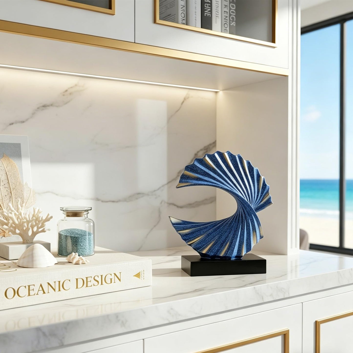 GAOSHENG Blue Gold Wave Sculpture, Modern Ocean Wave Home Accents, Resin Art Statue for Shelf, Coffee Table, TV Stand Adornos Modernos