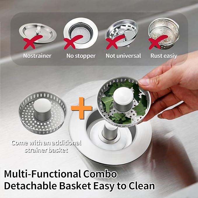 Kitchen Sink Drain Strainer, Stainless Steel 3-in-1 Pop-up Sink Stopper