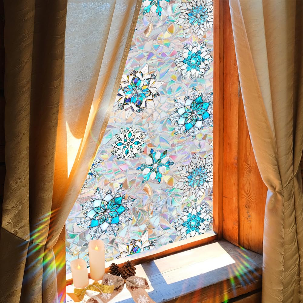 Snowflake Window Film, Stained Privacy Rainbow Window Sticker, Christmas Glass Decals, Static Cling Non Adhesive Door Clings UV Blocking, 17.7" x 43.3"