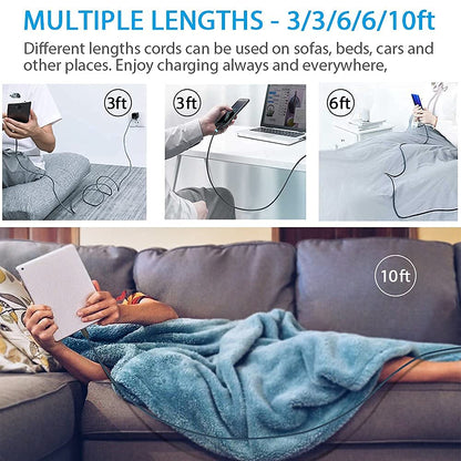 Terasako Magnetic Charging Cable 5-Pack (3/3/6/6/10FT) - 540° Rotating Magnetic Phone Charger Cable with LED Light - 90° Angle Connector, Nylon-Braided Cords (Black)