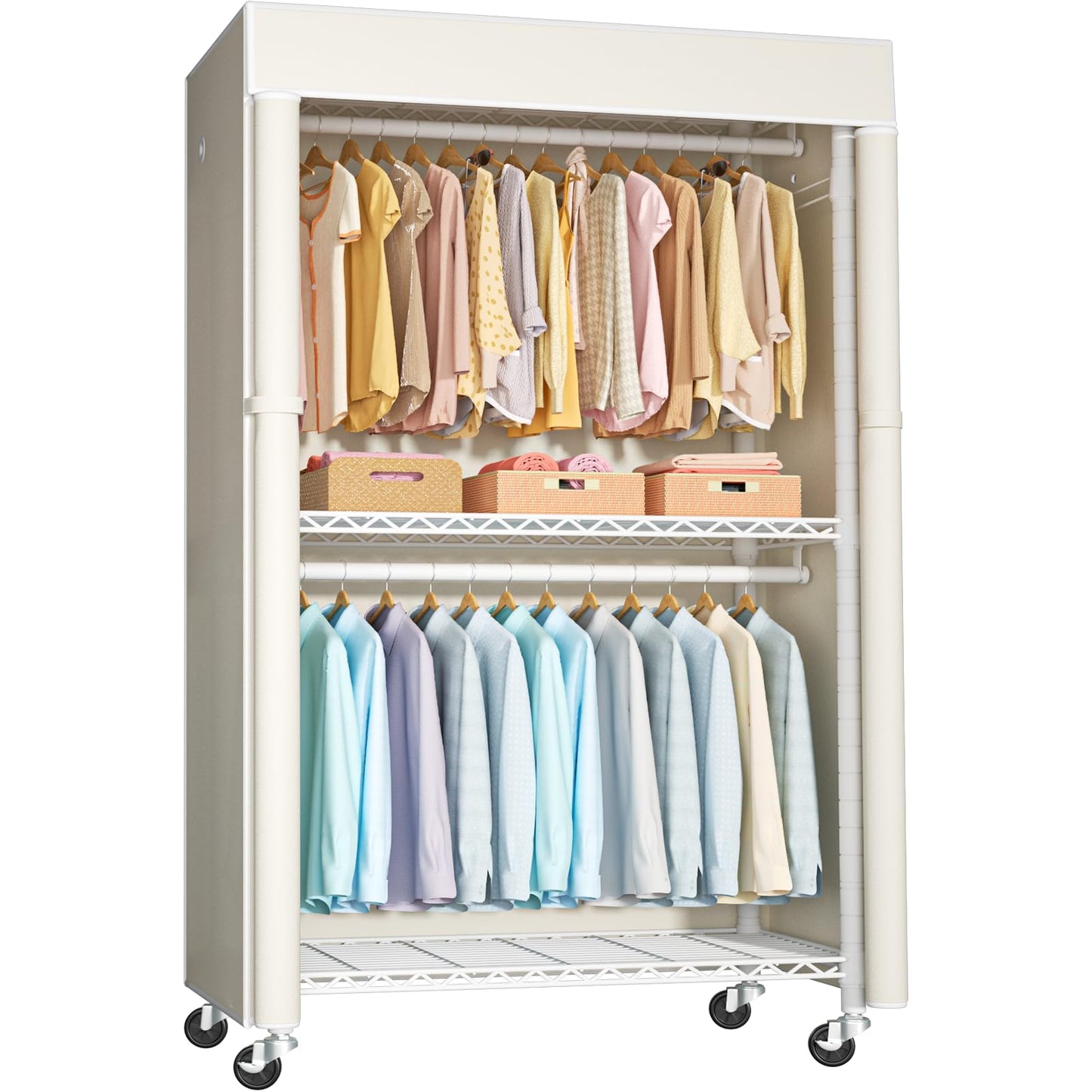 FUTASSI White Clothing Rack with Beige Cover, P1C Rolling Closets with Wheels, Metal Garment Rack for Hanging Clothes, Clothing Storage Wardrobe, 36.2" W x 16.5" D x 80.5" H, Load 450 Pounds