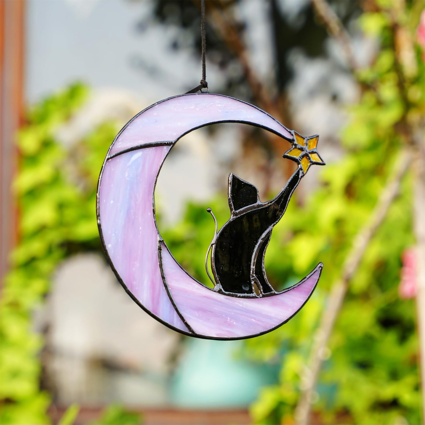 HDCRYSTALGIFTS 6.5'' Black Cat Decor on Purple Moon Stained Glass Window Hanging Suncatcher,Wall Art Glass Window Panel Sun Catcher,Halloween Decoration Memorial Gift for Lover Cat Loss