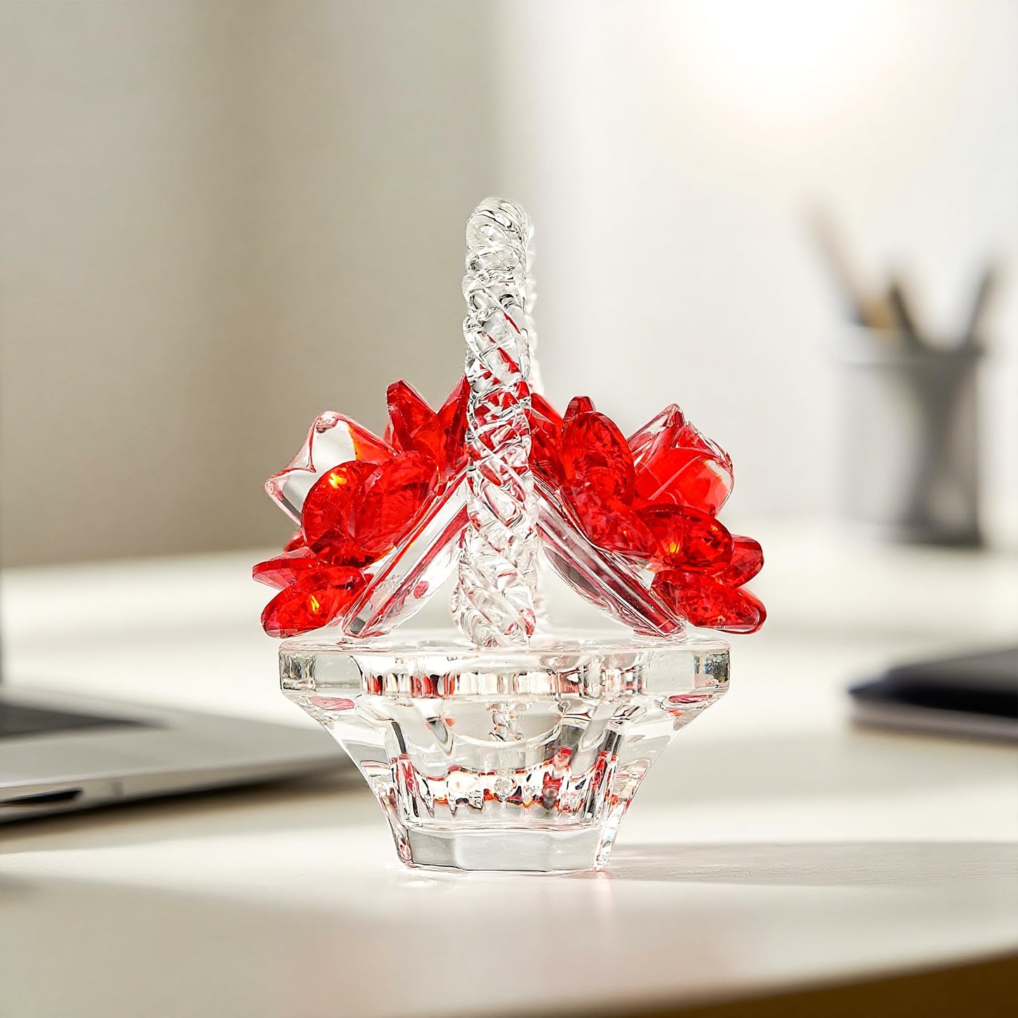 H&D HYALINE & DORA Crystal Red Rose Flower Basket Crystal Collectible Figurines Ornaments for Home Decor Table Centerpiece