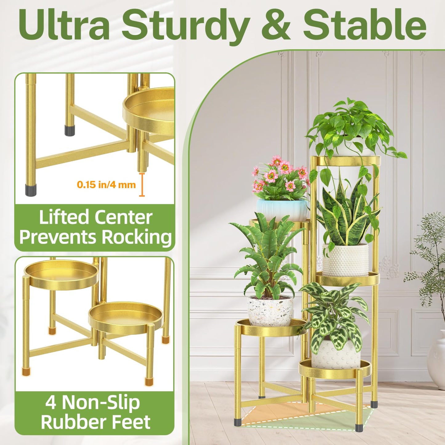iDavosic.ly Plant Stand Indoor Outdoor, 5 Tier Corner Metal Flower Display Holder Shelf, Folding Tall Orchid Rack for Patio Balcony Porch Garden Living Room House, Gold