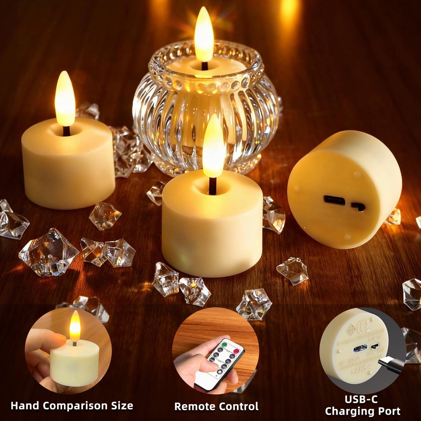 Utwickeln Rechargeable Flameless Candles (6-Pack, 1.5"×2" Each), 60H+ Runtime, Real Flame Effect, Battery-Free LED Pillar Candles for Soccer Watch Party, Home Decor, Wedding, Gift