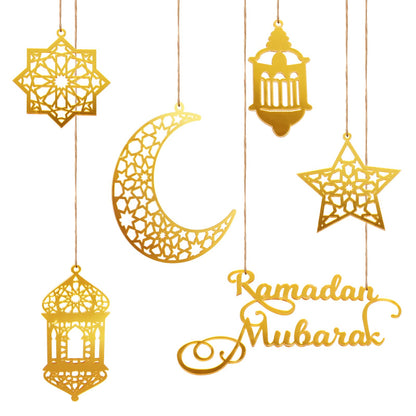 6pcs Ramadan Ornaments, Acrylic Ramadan Kareem Decoration Eid Mubarak Pendant Wind Light Moon Star Shaped Ramadan Decor for Hanging on Walls Windows Trees (Golden)