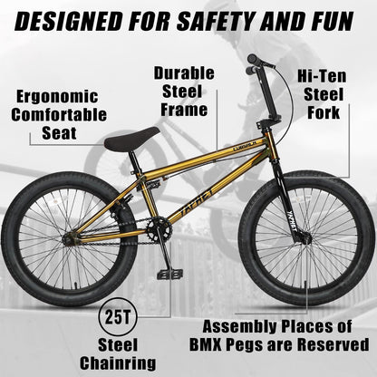 cubsala Freestyle BMX Bike, 20 Inch Yaphet Bicycle for Teen Beginner and Adult Riders, Bike with Hi-Ten Steel Frame, Gold
