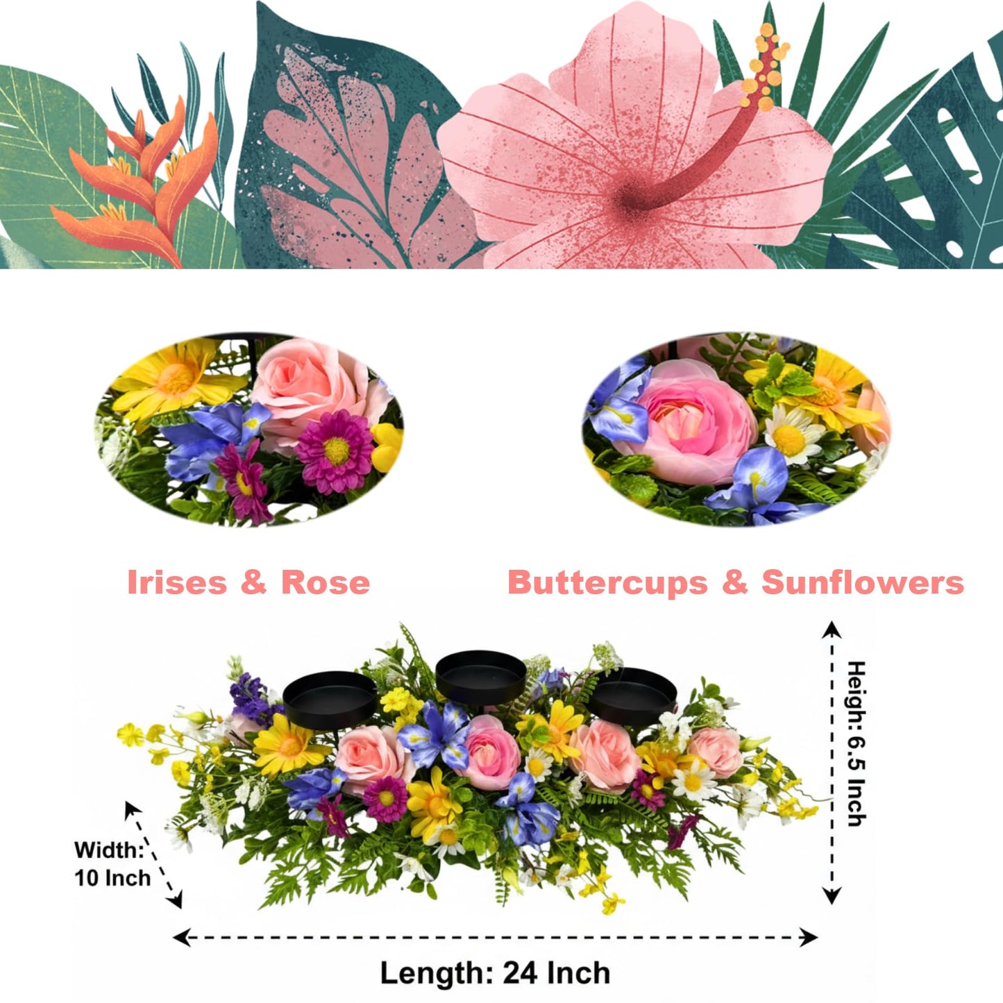 Lnymura 24" Spring Summer Floral Candle Holder Centerpiece for Table Decor
