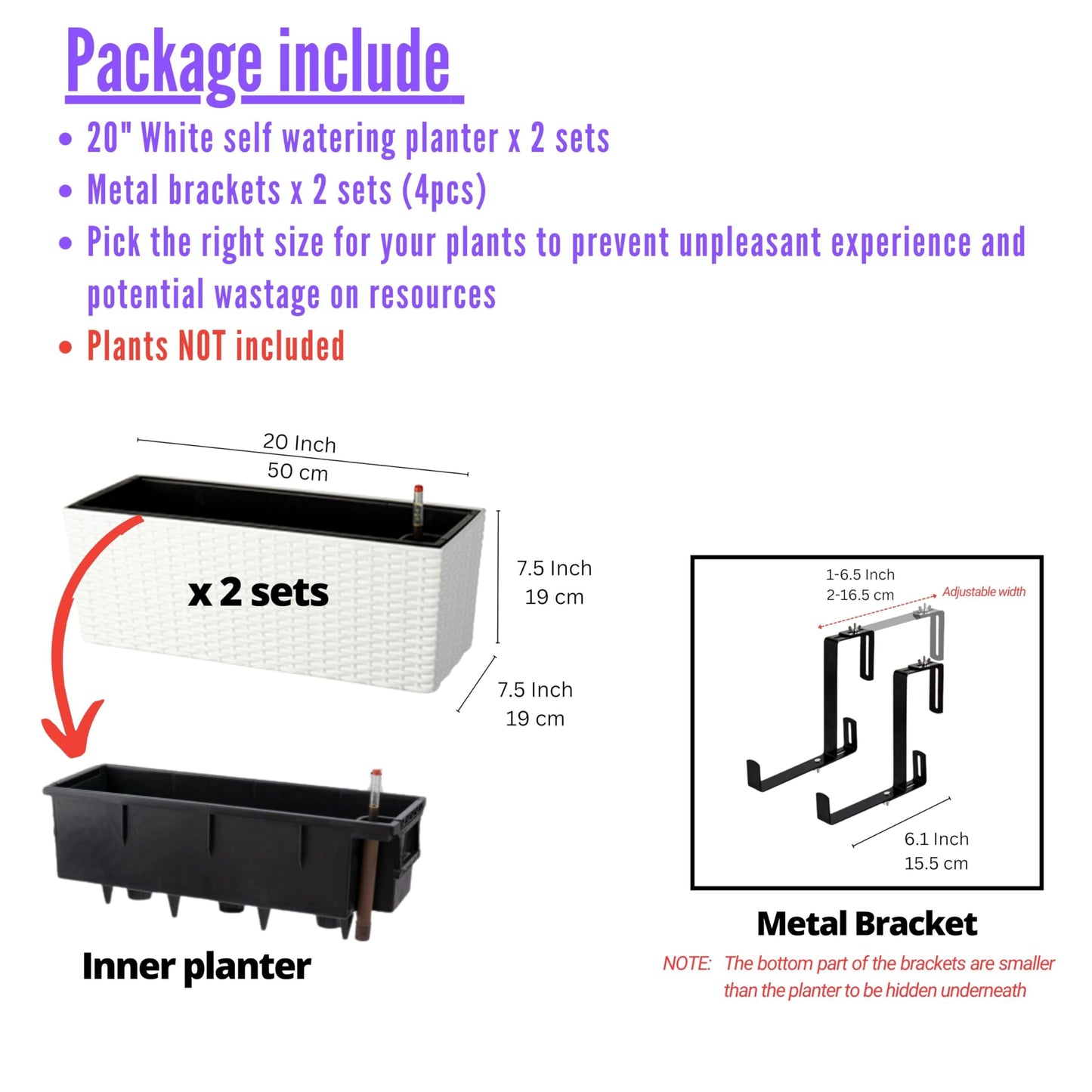 LaLaGreen Outdoor Rail Planter for Balcony (20 Inch, 2 Pack) Large White Self Watering Railing Planters with Brackets, Rectangular Plastic Fence Modern Window Boxes Designer Choice with Rattan Pattern