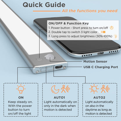 SOAIY LED Dimmable Under-Unit Light 60 cm Kitchen Lamp 4500 mAh Rechargeable Cabinet Lighting with Motion Sensor 3 Light Heat 2700 K - 6500 K Magnetic Light Strip for Kitchen Cabinet Wardrobe Bathroom