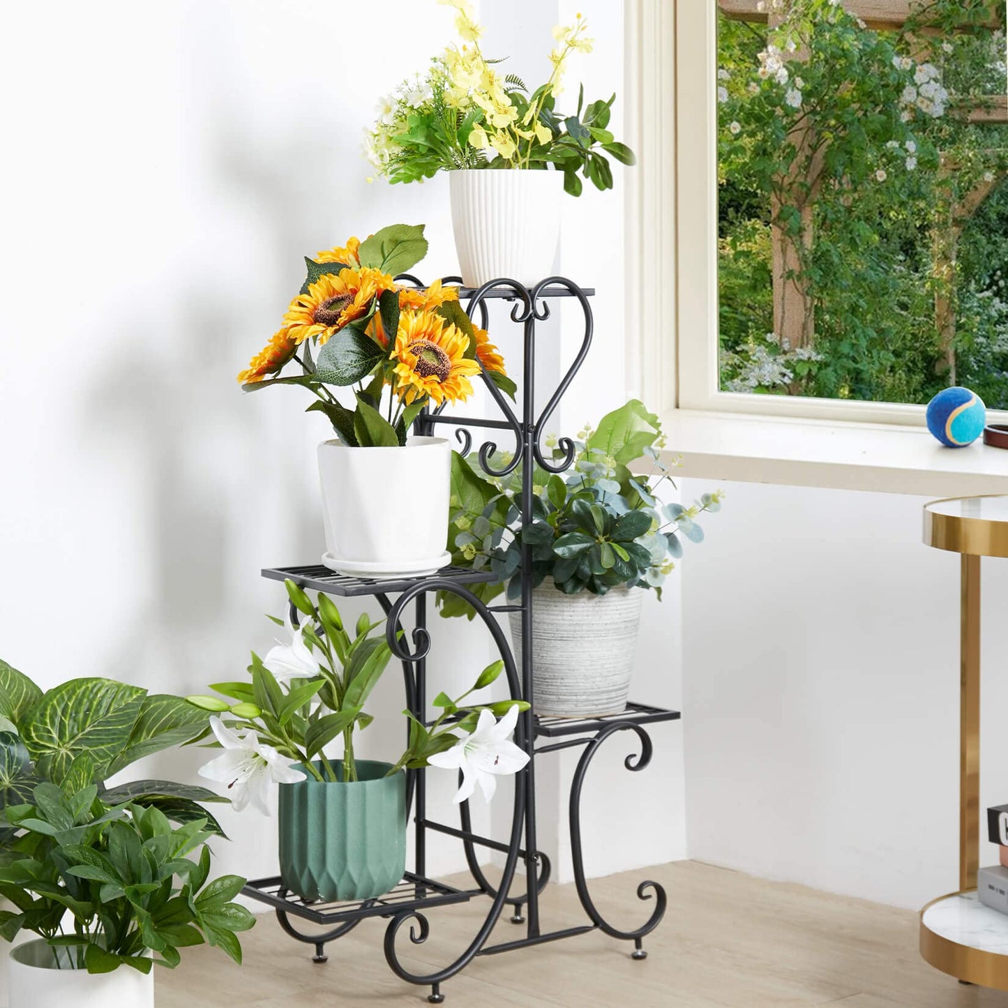 unho Metal Plant Stand Black: 4 Tier Flower Pot Display Rack with Potted Planter Shelves Indoor Storage Shelf Holder for Balcony Living Room Patio Garden Entryway Décor (Black)