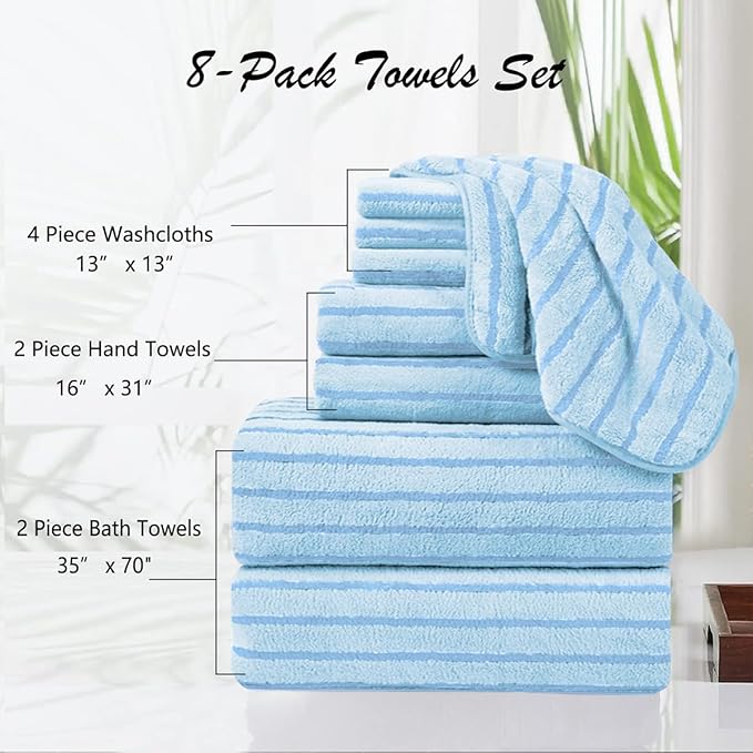 8 Pcs Blue Cabana Stripe Bath Sheet Set Oversized Bath Towel-2 Bathroom Sheets