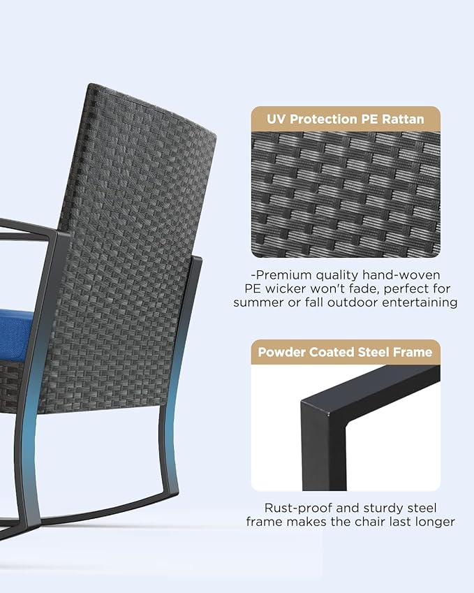 3 Piece Patio Bistro Set Patio Furniture Set Outdoor Wicker Rocking Furniture Conversation Set with Tempered Glass Coffee Table for for Front Porch Balcony and Deck (Blue Cushion)