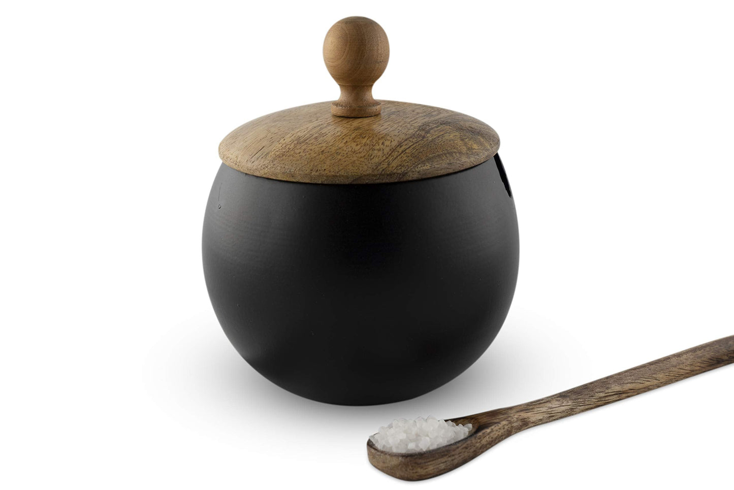 GoCraft Sugar Bowl with Lid and Spoon – Matte Black Ceramic Sugar Container with Wooden Lid, Drum Shape Sugar Jar for Kitchen, Coffee Bar, Tea, Spices & Condiments