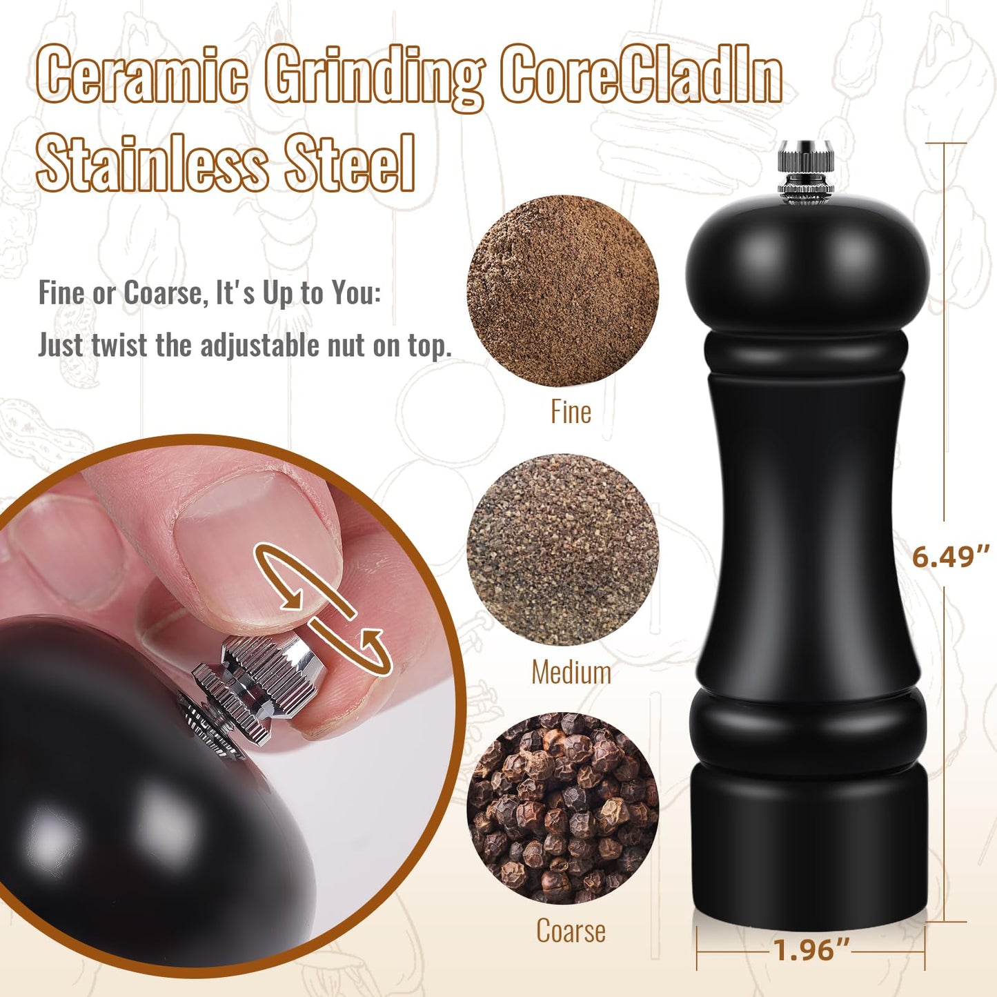 2Pack Wood 6.5 Inches Salt and Pepper Grinder Set and Adjustable Manual Salt and Pepper Mills, with Ceramic Grinding Mechanism, Housewarming Gifts, Cooking Gifts for Men & Women(Black & White)