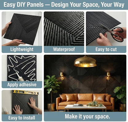 RIZZ TILE Matte Black 3D Wall Panels – 12 Pack 19.7"x19.7" Textured PVC Panels for Modern Accent Wall Decor, Waterproof 3D Wallscape Tiles for Gaming Room, Living Room & Office (Covers 32.4 Sq.Ft)