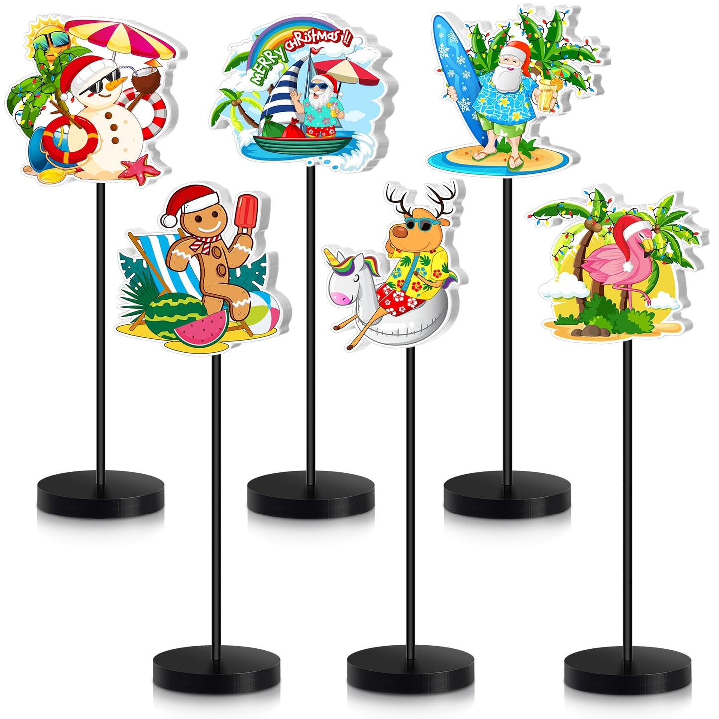 DoubleFill 6 Pcs Christmas Table Decor Standing Signs Hawaii Decoration for Table Centerpieces Wooden Sign Santa Flamingo Palm Tree Beach Party Tabletop Decor for Home Office Room Desk
