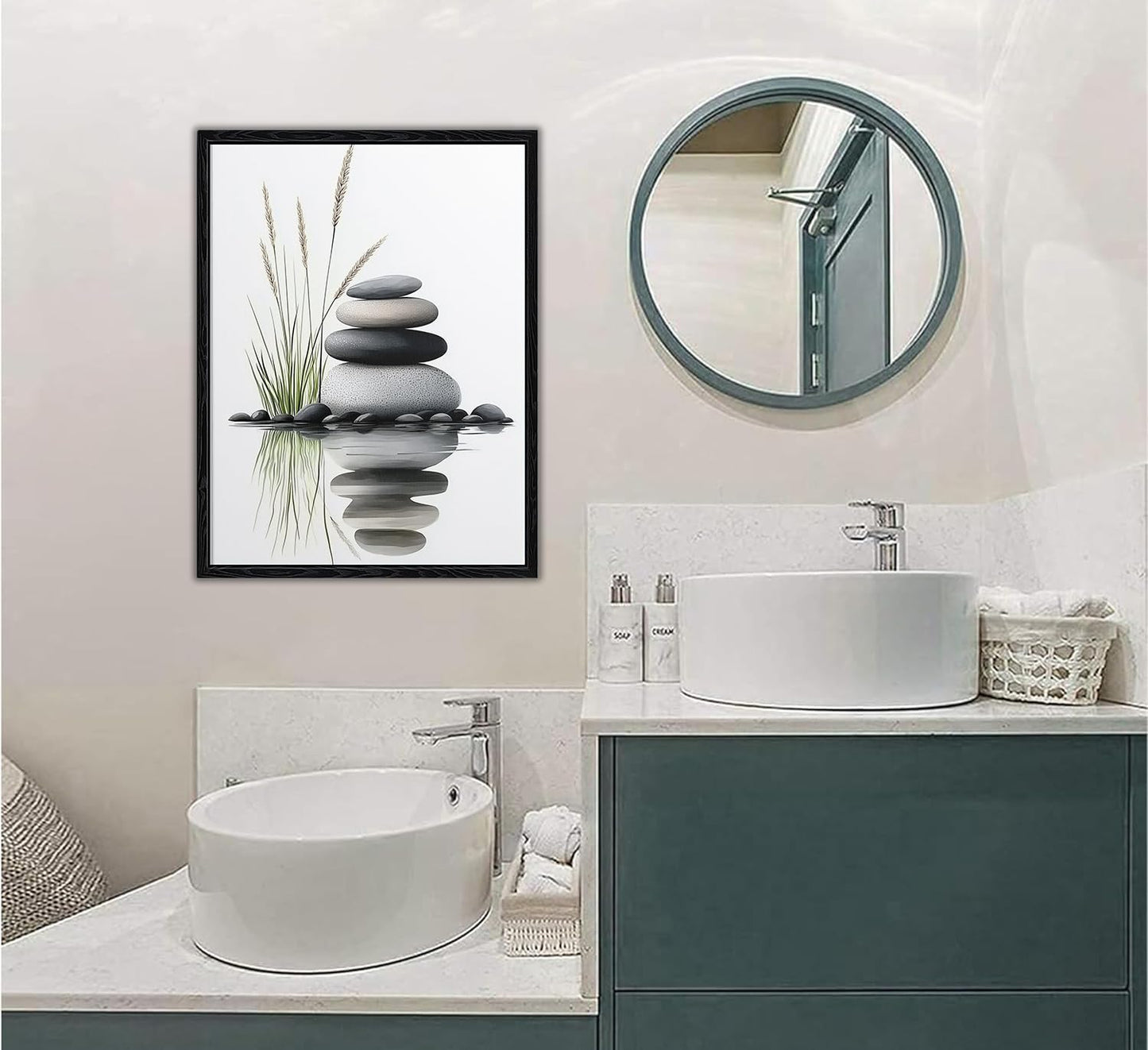 Serene Zen Stacked Stones with Water Reflection Canvas Wall Art - Cozy Modern Minimalist Spa Decor for Bathroom Bedroom Living Room - HD Waterproof Premium Stretched Framed Ready to Hang 12x16 Inches
